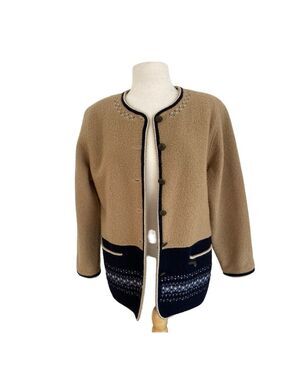 MAT Cardingan 100% wool gold yellow  blue color block button embroidery Small